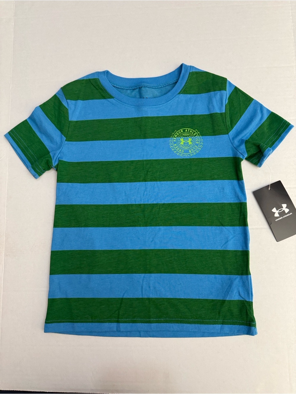NWT Under Armour Toddler Boys 4T Striped T-Shirt Blue Green Logo